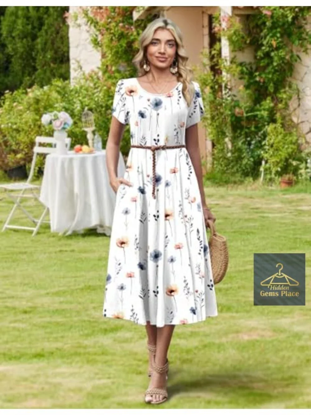 Women's Flowy Midi Sundress Pleated A-Line Casual Dresses with Pockets